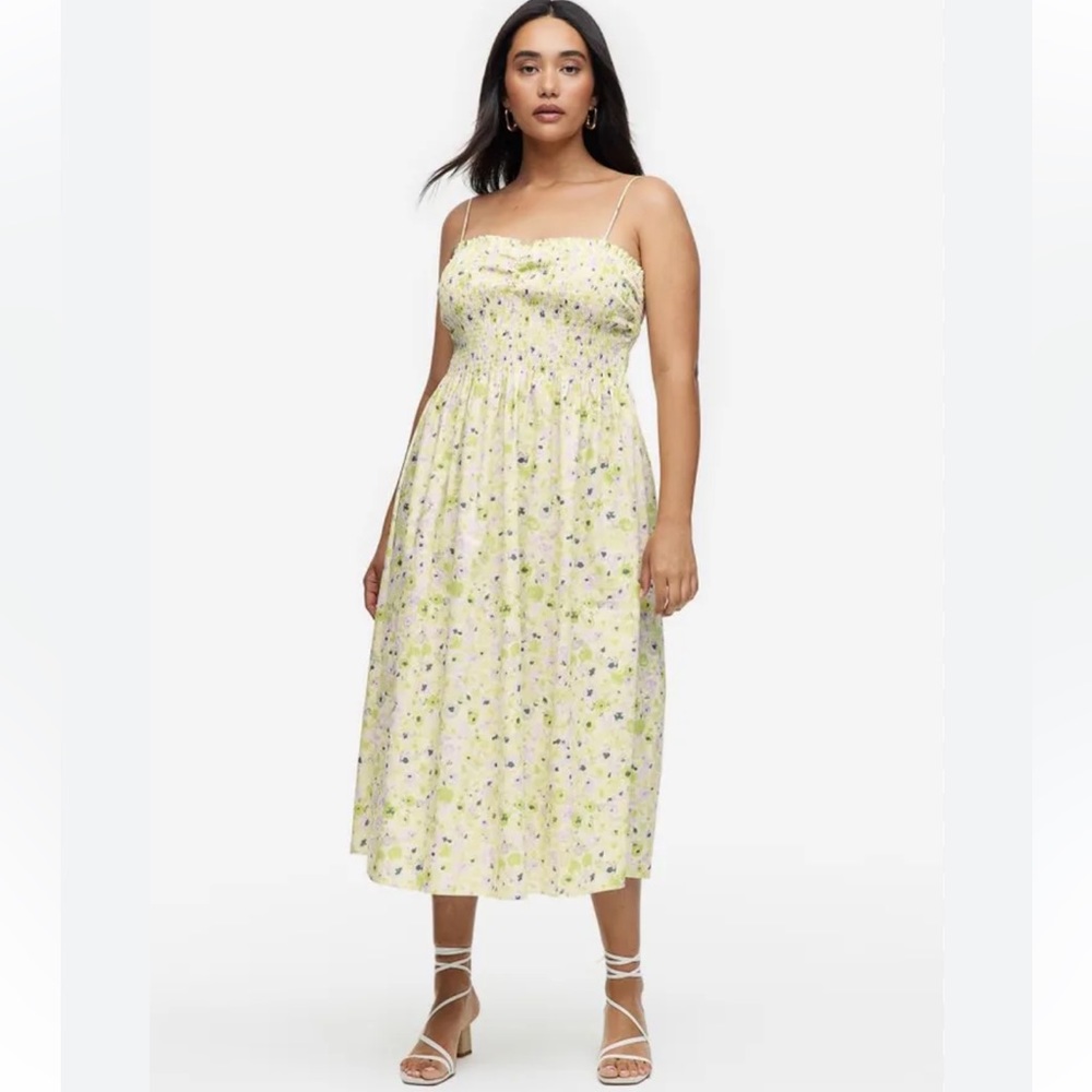 H&M Smocked Cotton Midi Dress-Yellow and Purple Floral NWT